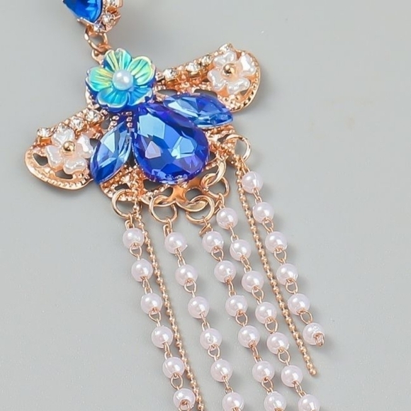 Rhinestone Tassel Faux Pearl Drop Earrings - Picture 2 of 4